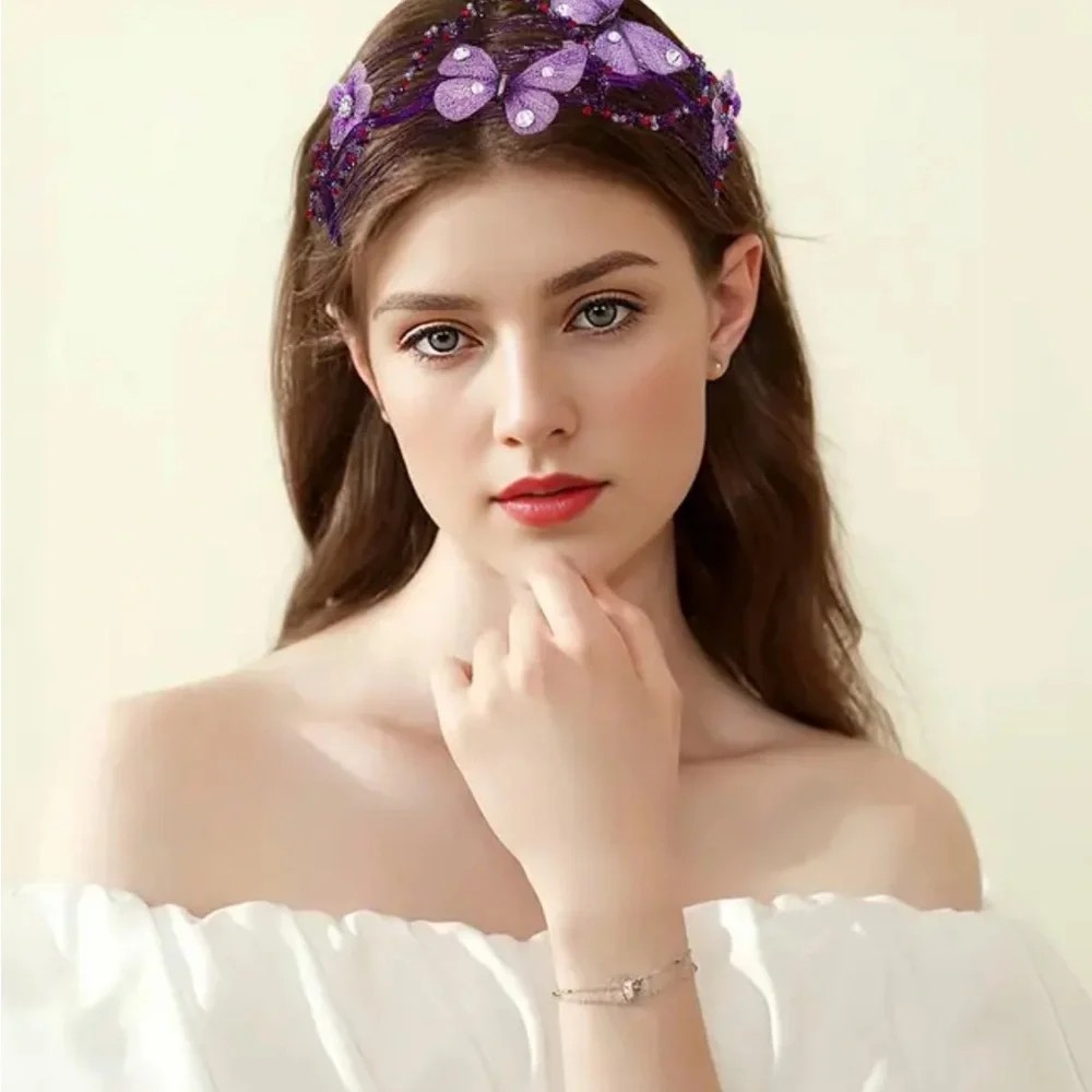 Purple Handmade Headband with Rhinestone Butterfly Accents